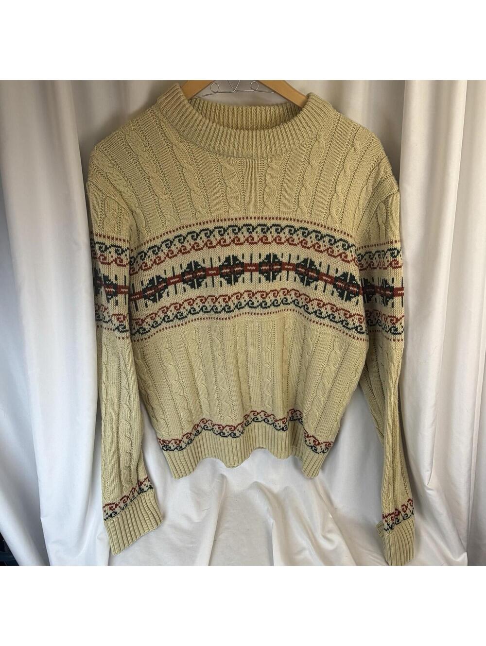 Andhurst Wool Blend Sweater Mens Vintage Crewneck Cable Knit Fair Isle Tan Med